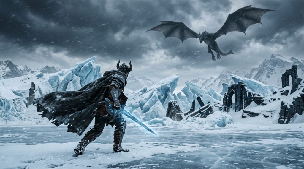 Arisen crosses the frozen expanse of Norgan, clad in intricate armor with a long cloak billowing behind them, braving the harsh blizzard. In the foreground, the Arisen wields a mystical weapon, scanning the icy landscape for ancient relics. The middle ground reveals jagged ice formations and remnants of ancient ruins, hinting at hidden treasures. In the background, a majestic dragon soars across a cloudy sky, its wings outstretched against the cold wind, casting a shadow over the scene. The atmosphere is intense and foreboding, with soft, diffused natural light breaking through dark clouds, illuminating the frost-covered terrain. The scene is shot from a low angle to emphasize the scale of the dragon and the ruggedness of the environment, creating a sense of adventure and discovery.
