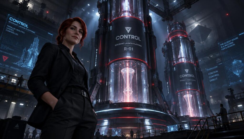 Dylan Faden stands confidently beside futuristic CONTROL Resonant launch platforms that tower impressively in a high-tech environment. The foreground features Dylan, portrayed in professional attire, with a slight smile, exuding determination. The middle ground showcases the sleek, shiny Resonant launch platforms, designed with advanced technology, glowing with subtle neon accents. The background consists of a dimly lit, industrial space filled with holographic displays and intricate machinery, creating a sense of wonder and innovation. The lighting is dramatic, with soft shadows highlighting the contours of the platforms and Dylan, enhancing the mood of suspense and excitement. The angle is slightly low to emphasize the grandeur of the platforms, making them the focal point in this dynamic composition.
