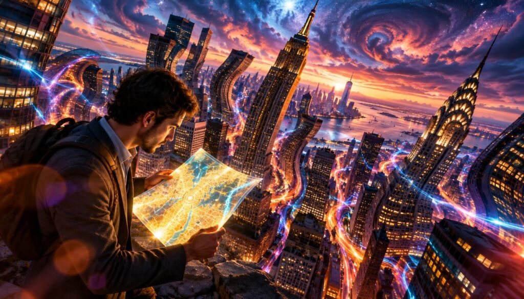 Dylan, a determined explorer dressed in professional casual attire, navigates a warped version of New York City, where buildings twist and undulate under a surreal patterning effect. In the foreground, Dylan is seen examining a glowing map that illuminates his focused expression. The middle ground features iconic skyscrapers bent at impossible angles, surrounded by flowing patterns of light and color that suggest resonance and energy. In the background, a twilight sky casts an ethereal glow, with hints of distant stars peeking through swirling clouds. The scene is lit with vibrant, contrasting colors, enhancing the surreal atmosphere while lens flares add depth. Capture this dynamic moment from a slightly elevated angle to present the warped cityscape and convey a sense of wonder and urgency.