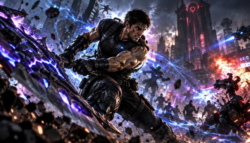 Dylan is in the midst of intense melee combat, swinging the massive Aberrant weapon with fierce determination. In the foreground, Dylan is captured in dynamic motion, wearing a sleek, tactical outfit suited for combat, reflecting a blend of futuristic and rugged design. His muscular build and focused expression convey a sense of urgency and power. In the middle ground, a swirling backdrop of energy and combat debris captures the chaos of the battlefield, with other combatants faintly visible, engaged in their own struggles. The background features a dystopian cityscape, shadowy and illuminated by vivid bursts of color from energy blasts. The lighting is dramatic, with sharp contrasts and a glowing halo around Dylan, enhancing the atmosphere of tension and urgency, shot from a low angle to emphasize the height of action.