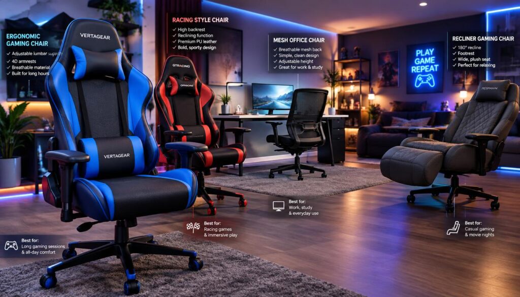 Five distinct gaming chairs arranged for comparison, each tailored for different desk and play needs. In the foreground, a sleek ergonomic chair designed for long hours of gaming, with adjustable lumbar support in a vibrant blue color. Beside it, a racing-style chair with bold red accents, featuring a high backrest and reclining function. In the middle ground, a minimalist desk setup with a stylish mesh chair ideal for office work, showcasing a clean design in black. The background reveals a cozy gaming room atmosphere, with soft ambient lighting and LED strips illuminating the space, enhancing the mood. The image captures a dynamic angle, ensuring each chair is prominently displayed for distinct visibility, creating an inviting and informative feel. Five distinct gaming chairs arranged for comparison, each tailored for different desk and play needs. In the foreground, a sleek ergonomic chair designed for long hours of gaming, with adjustable lumbar support in a vibrant blue color. Beside it, a racing-style chair with bold red accents, featuring a high backrest and reclining function. In the middle ground, a minimalist desk setup with a stylish mesh chair ideal for office work, showcasing a clean design in black. The background reveals a cozy gaming room atmosphere, with soft ambient lighting and LED strips illuminating the space, enhancing the mood. The image captures a dynamic angle, ensuring each chair is prominently displayed for distinct visibility, creating an inviting and informative feel.
