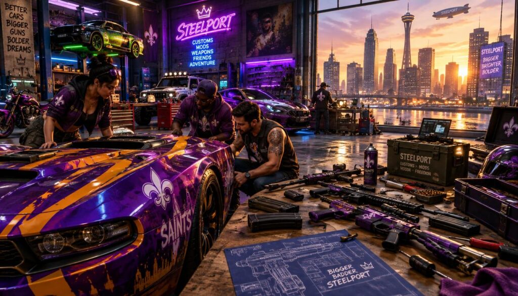 Four friends in a dynamic workshop setting, customizing cars and weapons, readying for an adventure in the vibrant city of Steelport. In the foreground, a diverse group of three individuals, one woman and two men, are inspecting a brightly colored car with intricate designs, surrounded by weapon parts and tools. The middle features a neon-lit garage filled with slick modifications and various vehicles, while a large window reveals a glimpse of Steelport's urban skyline bathed in the warm glow of sunset. The atmosphere is energetic and filled with creativity, hinting at camaraderie and excitement. Capture this scene using a wide-angle lens, emphasizing the vivid colors and details in a well-lit, workspace environment. Four friends in a dynamic workshop setting, customizing cars and weapons, readying for an adventure in the vibrant city of Steelport. In the foreground, a diverse group of three individuals, one woman and two men, are inspecting a brightly colored car with intricate designs, surrounded by weapon parts and tools. The middle features a neon-lit garage filled with slick modifications and various vehicles, while a large window reveals a glimpse of Steelport's urban skyline bathed in the warm glow of sunset. The atmosphere is energetic and filled with creativity, hinting at camaraderie and excitement. Capture this scene using a wide-angle lens, emphasizing the vivid colors and details in a well-lit, workspace environment.