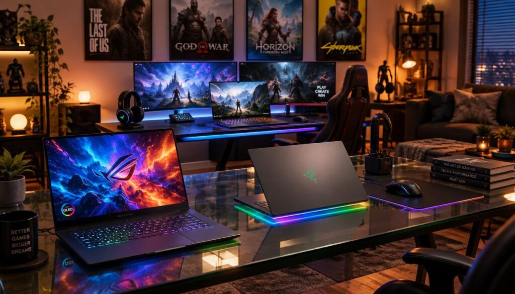 Four sleek gaming laptops, showcasing their unique designs, arranged on elegant glass desks for distinct gaming setups. The foreground features a high-end laptop with a vibrant OLED display glowing in vivid colors, positioned next to a minimalist RGB-lit model, radiating a futuristic ambiance. In the middle, a professional gaming setup displays an ultra-slim laptop paired with high-resolution monitors, with dynamic LED lights reflecting off the sleek surfaces. The background captures a cozy gaming room, adorned with posters of popular games, subtle ambient lighting, and accessories like a gaming chair and headset. The scene is lit with soft, warm lighting to create an inviting atmosphere, captured from a slightly elevated angle to enhance visual interest.