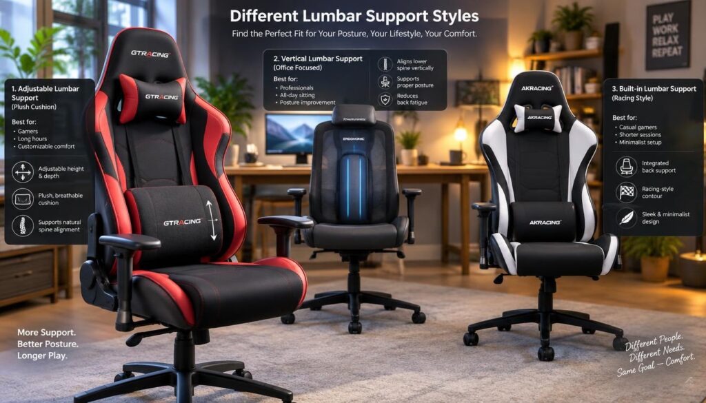 Gaming chair lumbar support styles compared for different sitters Gaming chair lumbar support styles compared for different sitters