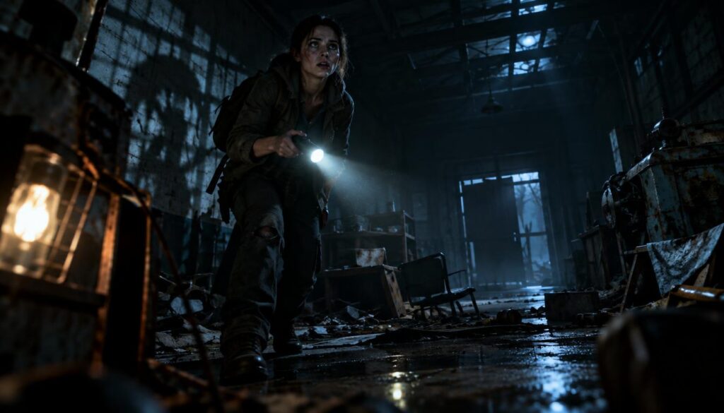 Grace Ashcroft, an intrepid survivor, stands in a dimly lit, abandoned warehouse filled with eerie shadows and unsettling remnants of a once-bustling life. Her eyes widen with determination and fear as she grips a flashlight, its beam cutting through the darkness, revealing glimmers of broken furniture and rusted machinery around her. In the foreground, a flickering light casts ominous shapes on the walls, while the middle ground showcases scattered debris that hints at past struggles. The background is a foreboding entrance, partially obscured by darkness, suggesting unseen threats lurking just beyond. The overall atmosphere is tense and suspenseful, with cool color tones and sharp contrasts to enhance the fear-inducing mood. Shot from a low angle to emphasize Grace's bravery in confronting danger, creating a sense of urgency and excitement. Grace Ashcroft, an intrepid survivor, stands in a dimly lit, abandoned warehouse filled with eerie shadows and unsettling remnants of a once-bustling life. Her eyes widen with determination and fear as she grips a flashlight, its beam cutting through the darkness, revealing glimmers of broken furniture and rusted machinery around her. In the foreground, a flickering light casts ominous shapes on the walls, while the middle ground showcases scattered debris that hints at past struggles. The background is a foreboding entrance, partially obscured by darkness, suggesting unseen threats lurking just beyond. The overall atmosphere is tense and suspenseful, with cool color tones and sharp contrasts to enhance the fear-inducing mood. Shot from a low angle to emphasize Grace's bravery in confronting danger, creating a sense of urgency and excitement.