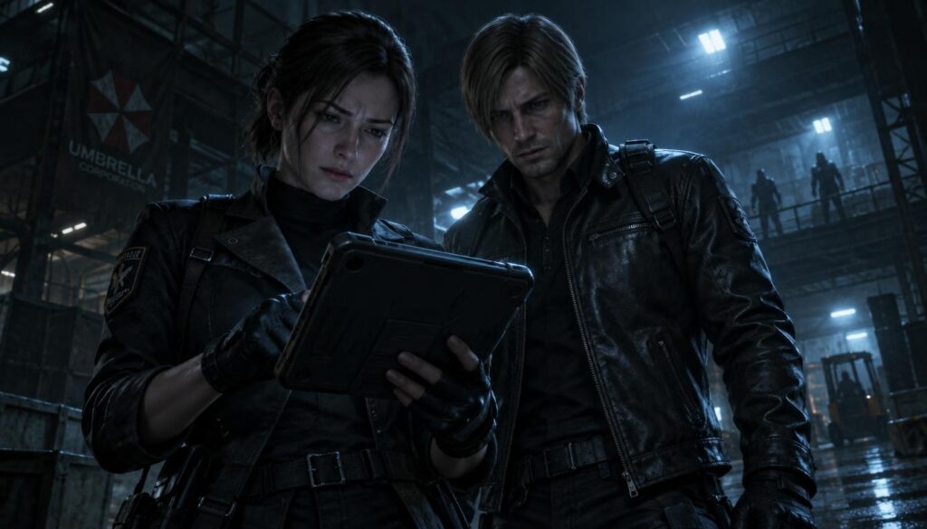 Grace Ashcroft and Leon Kennedy stand together in a dimly lit, industrial environment, conveying urgency and determination. In the foreground, Grace, dressed in smart, tactical attire with hints of military design, examines a digital tablet, her brow furrowed in concentration. Beside her, Leon, in a fitted leather jacket with a professional but rugged demeanor, peers over her shoulder, his expression resolute. Behind them, an ominous backdrop of shadowy abandoned warehouses and flickering overhead lights creates a tense atmosphere, hinting at danger. The scene is illuminated by a cold, bluish light that enhances the suspense, captured from a low angle to emphasize their focus on the case. The mood is serious and intense, reflecting the gravity of their shared mission. Grace Ashcroft and Leon Kennedy stand together in a dimly lit, industrial environment, conveying urgency and determination. In the foreground, Grace, dressed in smart, tactical attire with hints of military design, examines a digital tablet, her brow furrowed in concentration. Beside her, Leon, in a fitted leather jacket with a professional but rugged demeanor, peers over her shoulder, his expression resolute. Behind them, an ominous backdrop of shadowy abandoned warehouses and flickering overhead lights creates a tense atmosphere, hinting at danger. The scene is illuminated by a cold, bluish light that enhances the suspense, captured from a low angle to emphasize their focus on the case. The mood is serious and intense, reflecting the gravity of their shared mission.