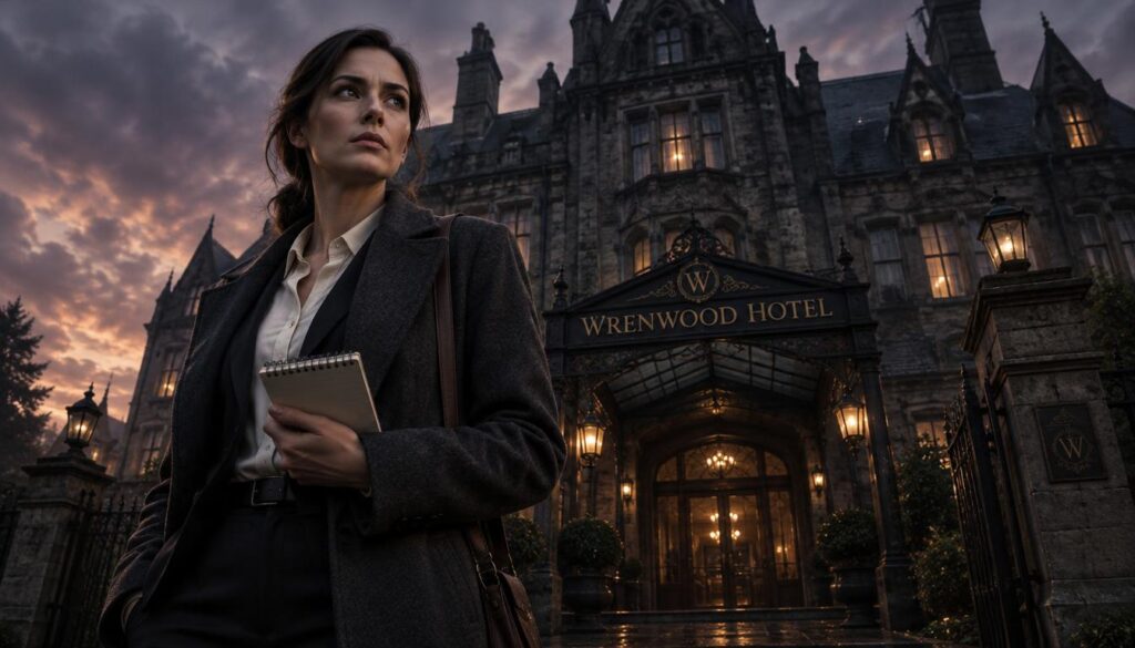 Grace stands confidently at the entrance of the Wrenwood Hotel, the elegant yet foreboding structure looming behind her. She is dressed in a smart, professional outfit, reflecting her determination. The foreground captures her in detail, showcasing her focused expression and a notepad in her hand, highlighting her investigative purpose. The middle ground features the intricately designed hotel façade, with gothic architectural elements and dimly lit windows that hint at secrets within. In the background, the evening sky casts a moody, dusky glow, enhancing the tension of the scene. Utilize soft, diffused lighting to create a sense of mystery and anticipation, with a slightly low angle perspective to emphasize the hotel's imposing presence and Grace's resolve. Grace stands confidently at the entrance of the Wrenwood Hotel, the elegant yet foreboding structure looming behind her. She is dressed in a smart, professional outfit, reflecting her determination. The foreground captures her in detail, showcasing her focused expression and a notepad in her hand, highlighting her investigative purpose. The middle ground features the intricately designed hotel façade, with gothic architectural elements and dimly lit windows that hint at secrets within. In the background, the evening sky casts a moody, dusky glow, enhancing the tension of the scene. Utilize soft, diffused lighting to create a sense of mystery and anticipation, with a slightly low angle perspective to emphasize the hotel's imposing presence and Grace's resolve.