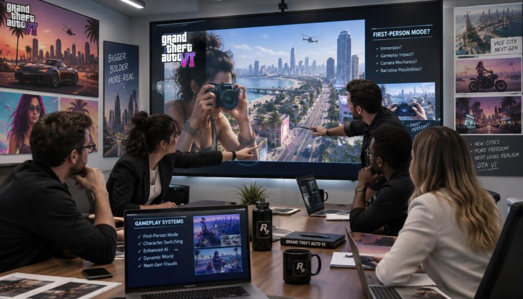 Inside a sleek, modern conference room, a group of professionals in smart business attire gather around a large table. The focus is on a high-tech display screen showcasing a vibrant cityscape reminiscent of a bustling urban environment in Grand Theft Auto. In the foreground, a few individuals are deeply engaged in discussion, pointing at a 3D rendered image of a character holding a camera, raising questions about the potential first-person mode in the upcoming GTA 6. Soft, diffused lighting fills the room, creating an atmosphere of innovation and curiosity. The walls are adorned with concept art from the game, blending the professional setting with the excitement of gaming. The camera angle captures the intensity of the moment, emphasizing the intrigue surrounding the game's mechanics while maintaining a clean and polished aesthetic.