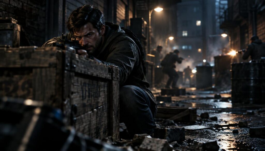 Jason, a determined character in casual yet rugged attire, crouches behind a weathered wooden crate, aiming carefully during an intense gunfight. His eyes are focused, showcasing a blend of concentration and urgency. In the foreground, the crate and scattered debris indicate a chaotic environment. In the middle ground, hints of other combatants can be seen in blurred motion, intensifying the suspense of the scene. The background features a dimly lit alley with flickering streetlights, creating dramatic shadows. The overall lighting is moody, casting a cinematic feel with a soft spotlight on Jason. The camera angle is slightly low, emphasizing his determination and the gravity of the moment, capturing the adrenaline of a high-stakes situation.