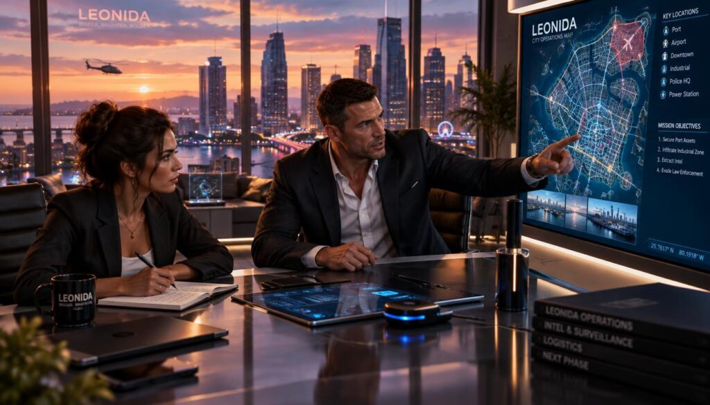 Jason and Lucia are sitting at a sleek, modern conference table in a high-tech office room overlooking the vibrant cityscape of Leonida. In the foreground, Jason, a confident man in a tailored suit, is animatedly discussing plans, pointing towards a digital screen displaying a detailed map of the city. Lucia, a sharp and focused woman in professional business attire, is taking notes, her expression thoughtful as she considers their strategy. The middle ground features futuristic office gadgets and sleek design elements, all illuminated by soft, ambient lighting that creates a productive atmosphere. In the background, large windows reveal a bustling Leonida skyline at dusk, with warm sunset colors casting a dynamic glow over the scene. The mood is intense and collaborative, capturing the essence of their mission planning.