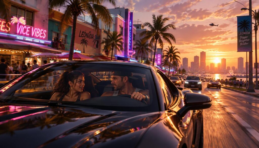 Jason and Lucia share a scenic drive through the vibrant streets of Leonida. In the foreground, a sleek, modern sports car is parked, with Jason and Lucia sitting inside, dressed in casual yet stylish attire, their expressions animated as they engage in conversation. The middle ground showcases the colorful architecture of Leonida, featuring palm trees and lively shops adorned with neon signs, capturing a lively urban atmosphere. In the background, a picturesque sunset casts warm golden hues across the sky, reflecting against the car’s polished surface. Utilize a dynamic angle to enhance the sense of motion, while soft lighting creates an inviting and adventurous mood, evoking the excitement of exploring a new city in GTA 6. Jason and Lucia share a scenic drive through the vibrant streets of Leonida. In the foreground, a sleek, modern sports car is parked, with Jason and Lucia sitting inside, dressed in casual yet stylish attire, their expressions animated as they engage in conversation. The middle ground showcases the colorful architecture of Leonida, featuring palm trees and lively shops adorned with neon signs, capturing a lively urban atmosphere. In the background, a picturesque sunset casts warm golden hues across the sky, reflecting against the car’s polished surface. Utilize a dynamic angle to enhance the sense of motion, while soft lighting creates an inviting and adventurous mood, evoking the excitement of exploring a new city in GTA 6.