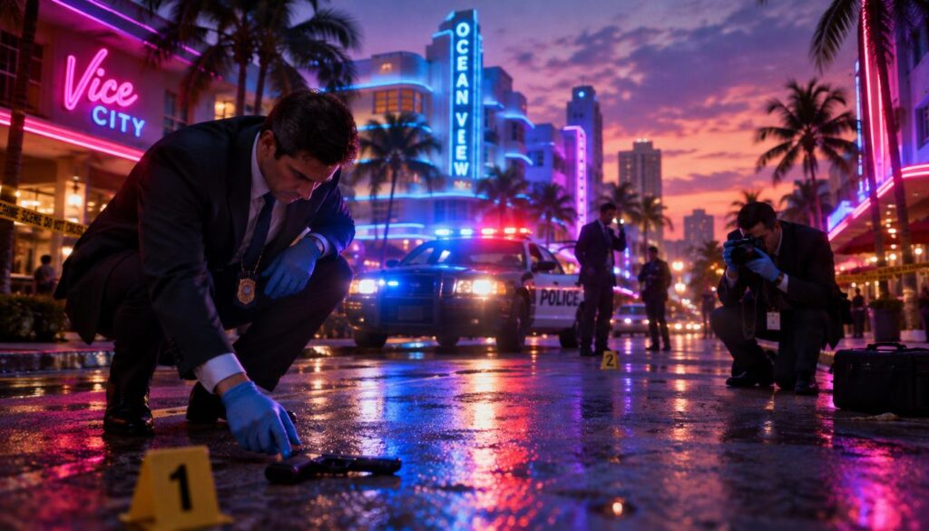 Police officers in professional business attire combing a vibrant neon-lit alley in Vice City, searching for evidence after a recent crime. In the foreground, an officer carefully examines a discarded weapon on the ground, while another officer kneels down, documenting the scene with a camera. The middle ground features a police vehicle illuminated by flashing blue and red lights, casting dramatic shadows on the pavement. The background reveals the iconic Art Deco architecture of Vice City, bathed in the glow of evening lights and a dusky sky. The atmosphere is tense yet focused, with an air of urgency in the air, emphasizing the meticulousness of the investigation under the city's vibrant neon hues. Use a wide-angle lens, soft focus for a cinematic effect, capturing the mood of a high-stakes police operation.