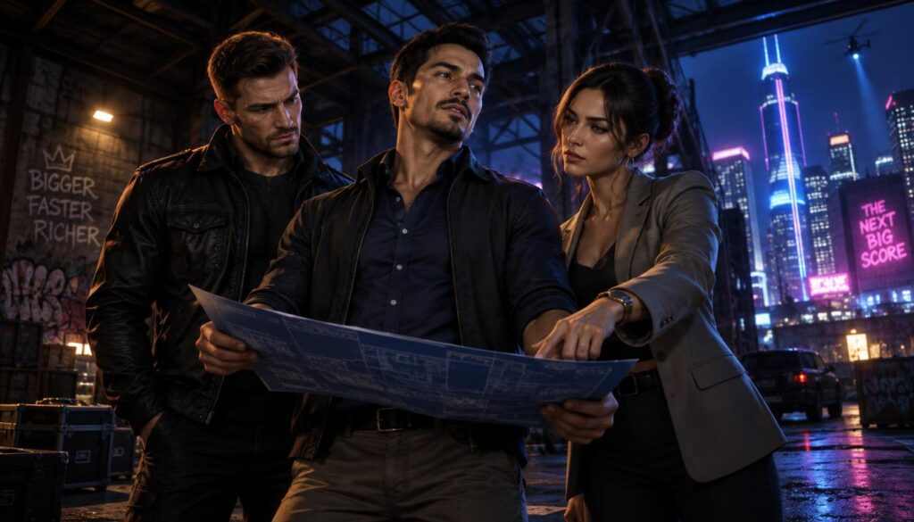 Raul Bautista, a charismatic leader with a confident demeanor, stands in the foreground, dressed in a smart casual outfit, holding a blueprint and discussing a plan. Beside him, Jason, a rugged character in a fitted jacket, listens intently, while Lucia, stylish in a tailored blazer, points at the blueprint, engaged in the conversation. The middle ground reveals a dimly lit, urban setting with a gritty warehouse vibe, accentuated by steel beams and graffiti-covered walls. In the background, the neon lights of a vibrant cityscape cast a moody glow, reflecting an atmosphere of tension and excitement. The lighting is dramatic, with strong contrasts creating shadows and highlights, evoking a sense of urgency and anticipation for the heist. The angle is slightly low, emphasizing the characters' determination and teamwork.