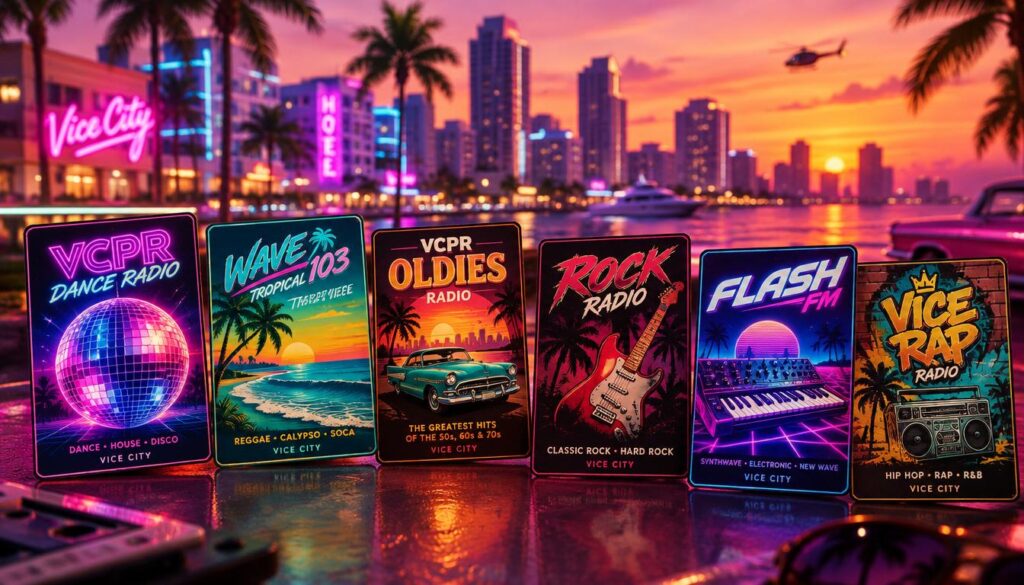 Six distinct radio station cards from Grand Theft Auto: Vice City, each representing a unique genre of music. The foreground features vibrant and stylized cards displaying iconic imagery: the electric neon of a disco ball for a dance station, palm trees and waves for a tropical vibes station, classic cars and sunsets for an oldies station, electric guitars for a rock station, synthesizers for an electronic station, and hip-hop graffiti art for a rap station. The middle background includes a colorful urban skyline of Vice City, with warm sunset lighting casting soft shadows. The atmosphere should capture the essence of the 1980s vibe, filled with nostalgia, excitement, and energy, reminiscent of the vibrant nightlife. Use a cinematic angle, focusing on the cards with a shallow depth of field to highlight their bright colors and details.