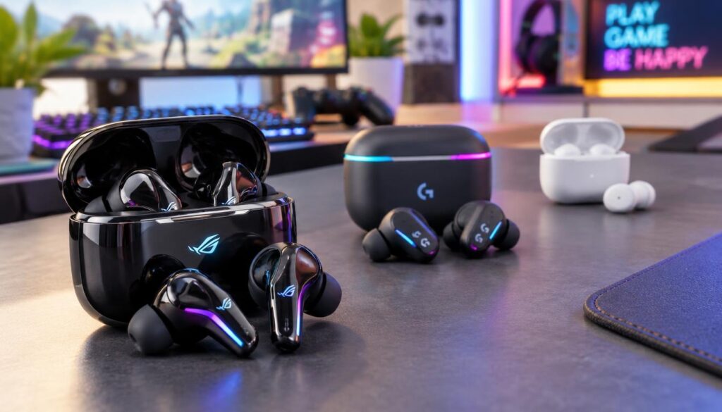 Three true wireless earbuds arranged on a sleek, modern surface, each representing a different gaming budget. The first, a premium design with a glossy finish and advanced features, displayed prominently in the foreground. The second, a mid-range model with a matte texture and colorful accents, placed in the middle, creating a balanced composition. Finally, a budget-friendly pair with a minimalist style positioned at the back. The background features a soft-focus gaming setup with ambient LED lighting, hinting at a lively yet relaxed atmosphere. Use bright, natural lighting to highlight the earbuds' details, employing a shallow depth of field to emphasize the products while softly blurring the background. The overall mood should convey excitement and accessibility for gamers of all financial backgrounds.