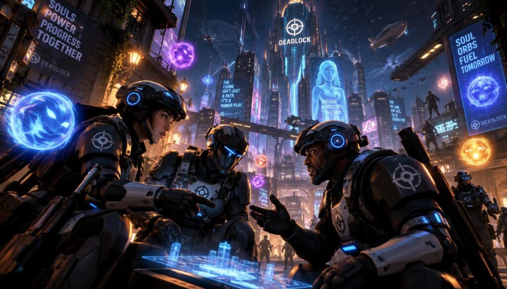 Troopers in sleek, futuristic armor stand confidently in a vibrant, urban Deadlock lane filled with neon lights and luminous soul orbs floating nearby. In the foreground, a group of three troopers is engaged in an animated strategy discussion, their focused expressions lit by the soft glow of the orbs. In the middle ground, a sprawling cityscape can be seen, with tall, sleek buildings adorned with digital advertisements and moving holograms. The background features a dark, starry sky that contrasts with the bright city lights, creating a dynamic and immersive atmosphere. The scene captures a sense of urgency and excitement, with dramatic low-angle lighting casting long shadows, enhancing the cinematic feel. The overall mood is one of thrilling anticipation, perfectly embodying the essence of a high-stakes game world.